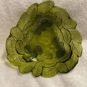 Vintage Indiana Glass Green Berry Leaf Dish Candy Bowl Loganberry Leaf